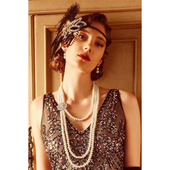 1920s Flapper Headpiece Beaded Feather Headband for Gatsby Art Deco Party